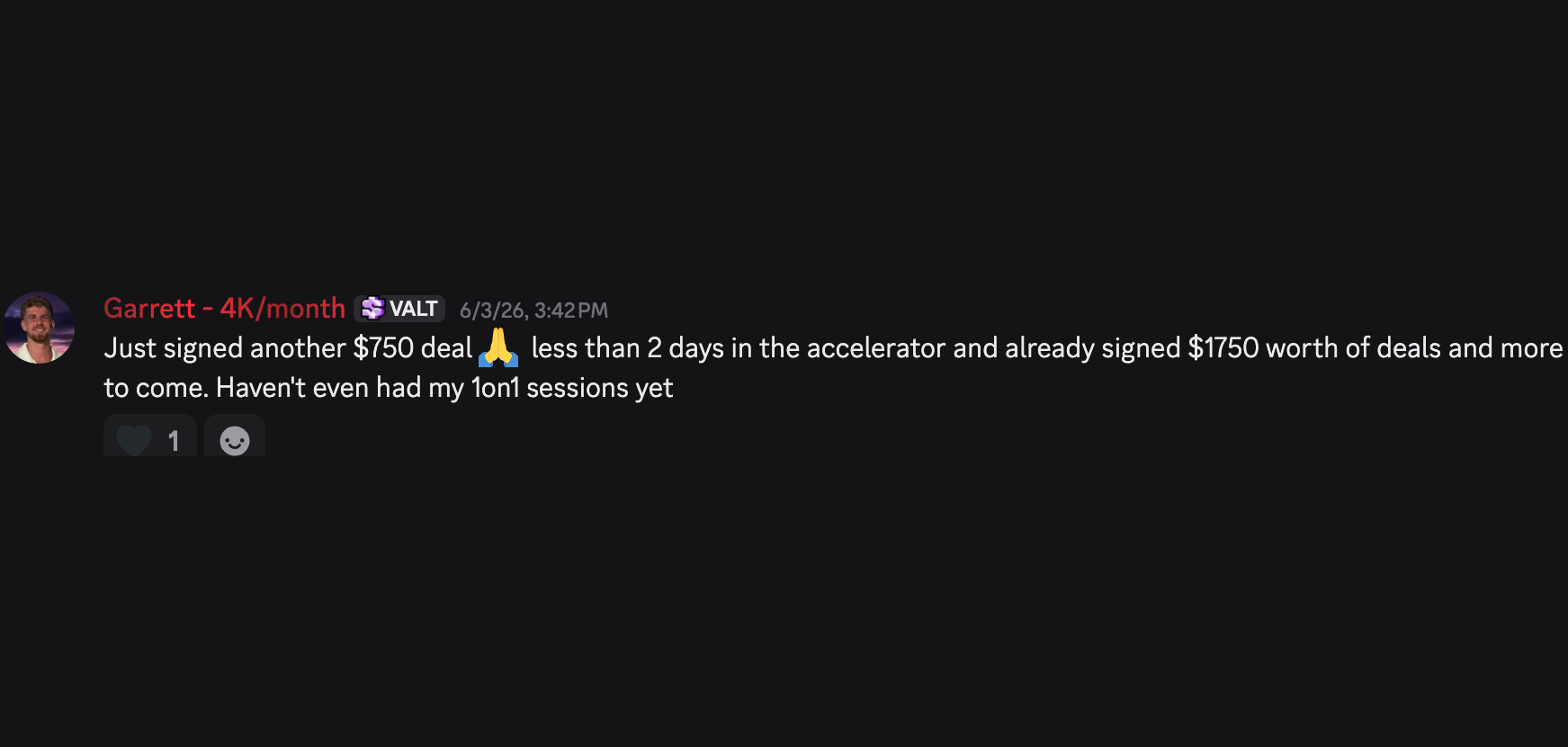 Garrett: $1,750 in deals in under 2 days